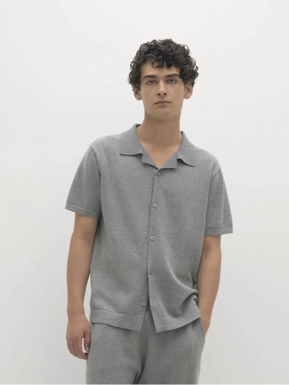 NakedCashmere Men's Short Sleeve Button Polo in Light Gray